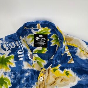 Corona Extra Mens‎ Tropical Palm Tree Island Logo Button Down Shirt Blue Large
